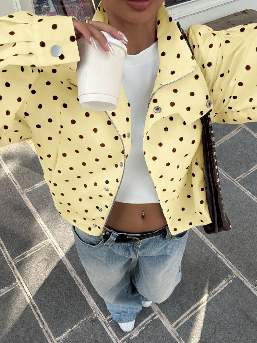 Light Yellow Casual Women's Polka Dot Zip-Up Long Sleeve Windbreaker